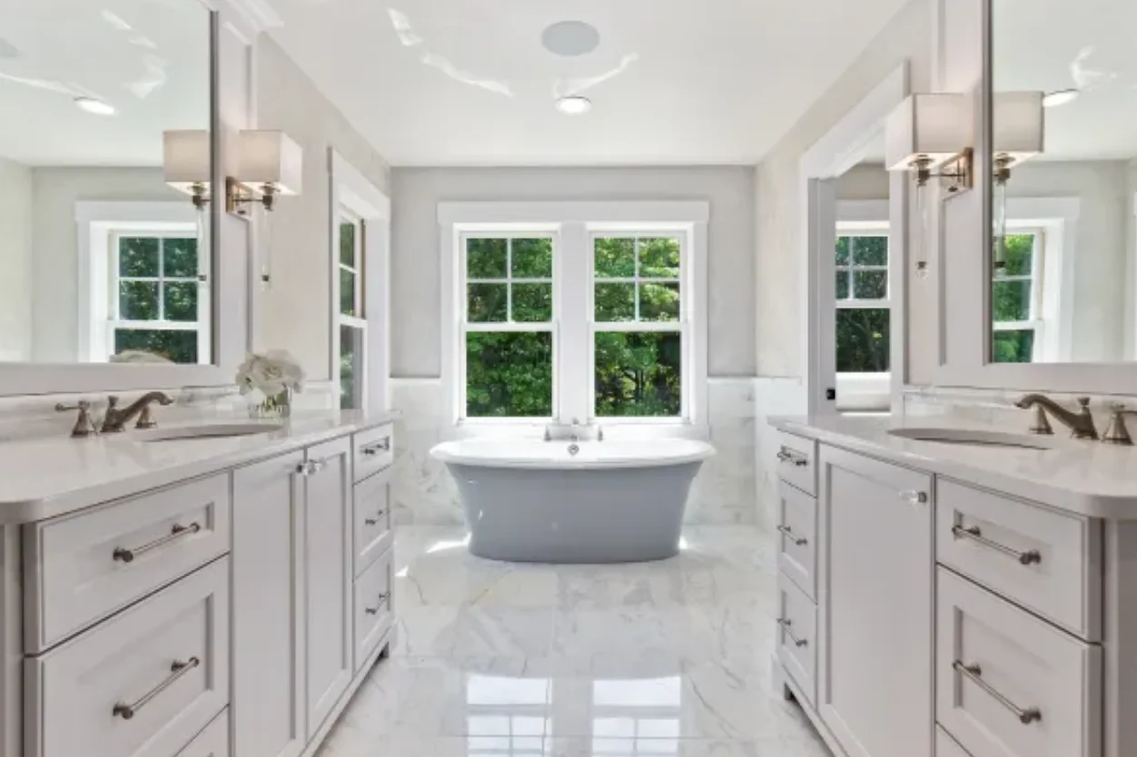 Marble master bath with dual vanity
