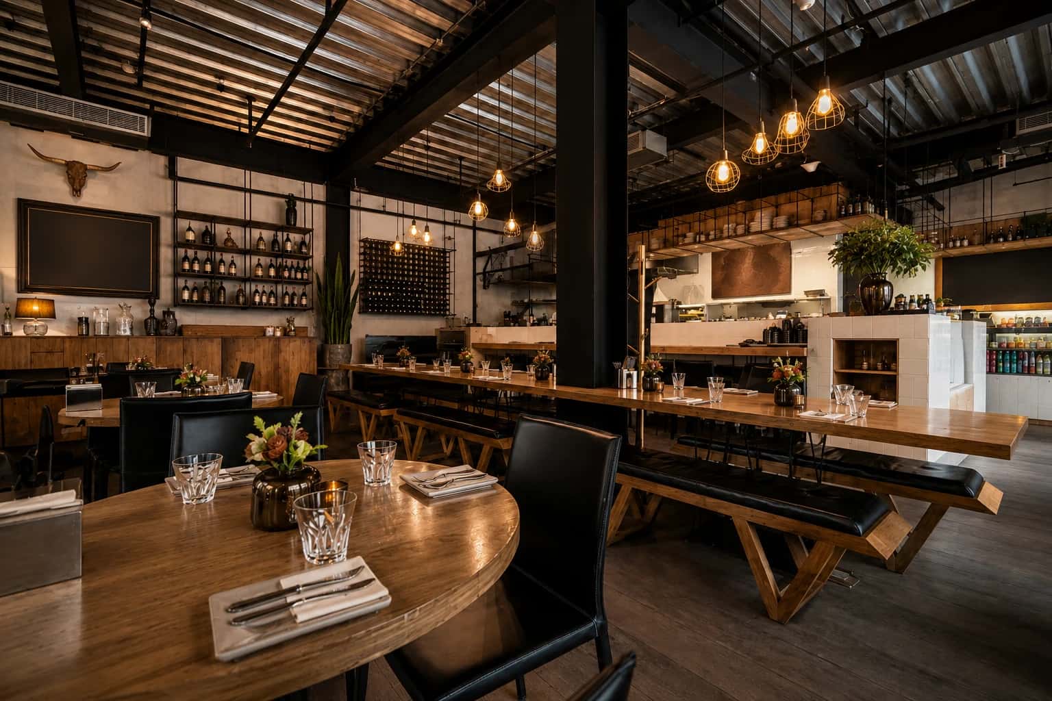 Finished restaurant build-out by i30 Builders: industrial dining room with exposed steel ceiling, Edison cage pendants, communal wood tables, a wine display wall, and an open kitchen.