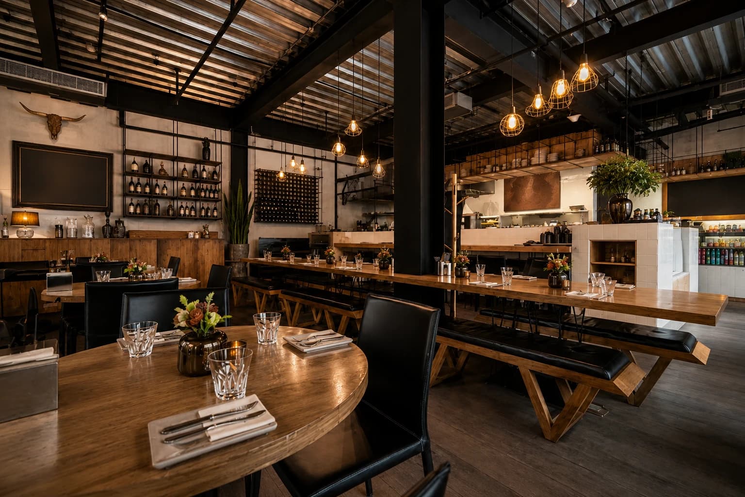 Finished restaurant build-out by i30 Builders: industrial dining room with exposed steel ceiling, pendant lighting, communal wood tables, and an open kitchen.