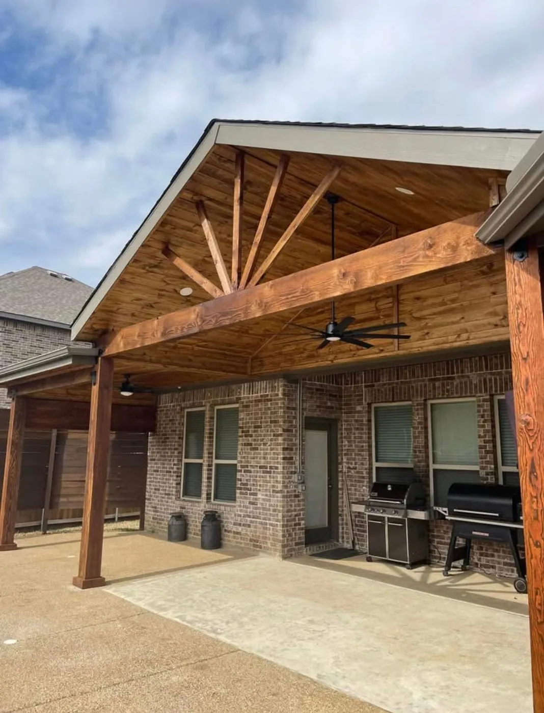 Cedar patio cover, sunburst gable