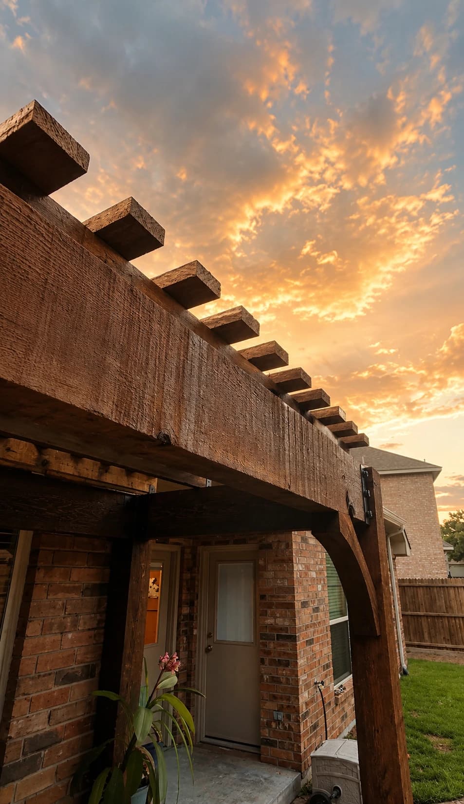 Cedar pergola rafter tails at golden hour