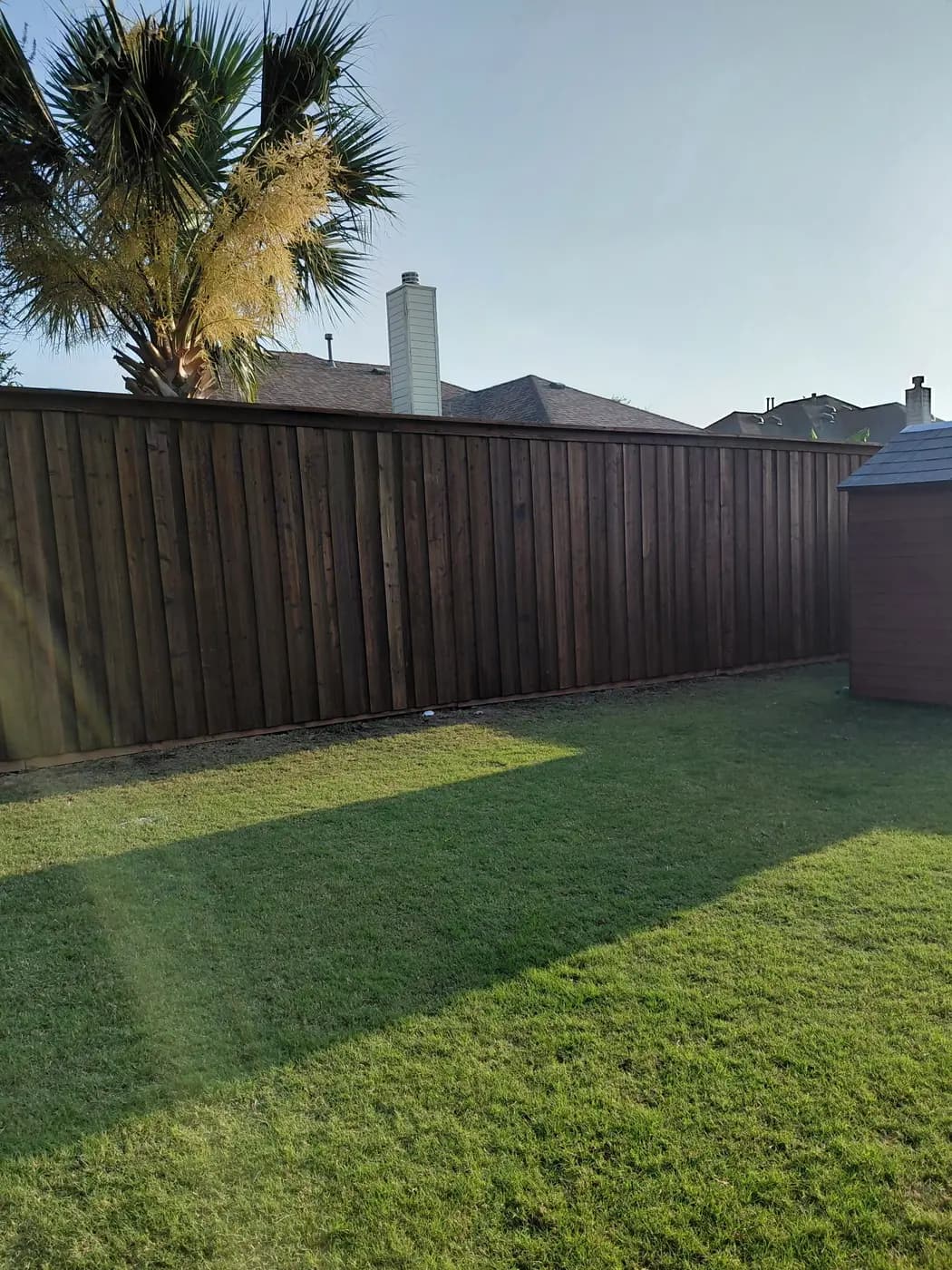 Board-on-board cedar privacy fence with a top cap, stained dark walnut, McLendon-Chisholm.