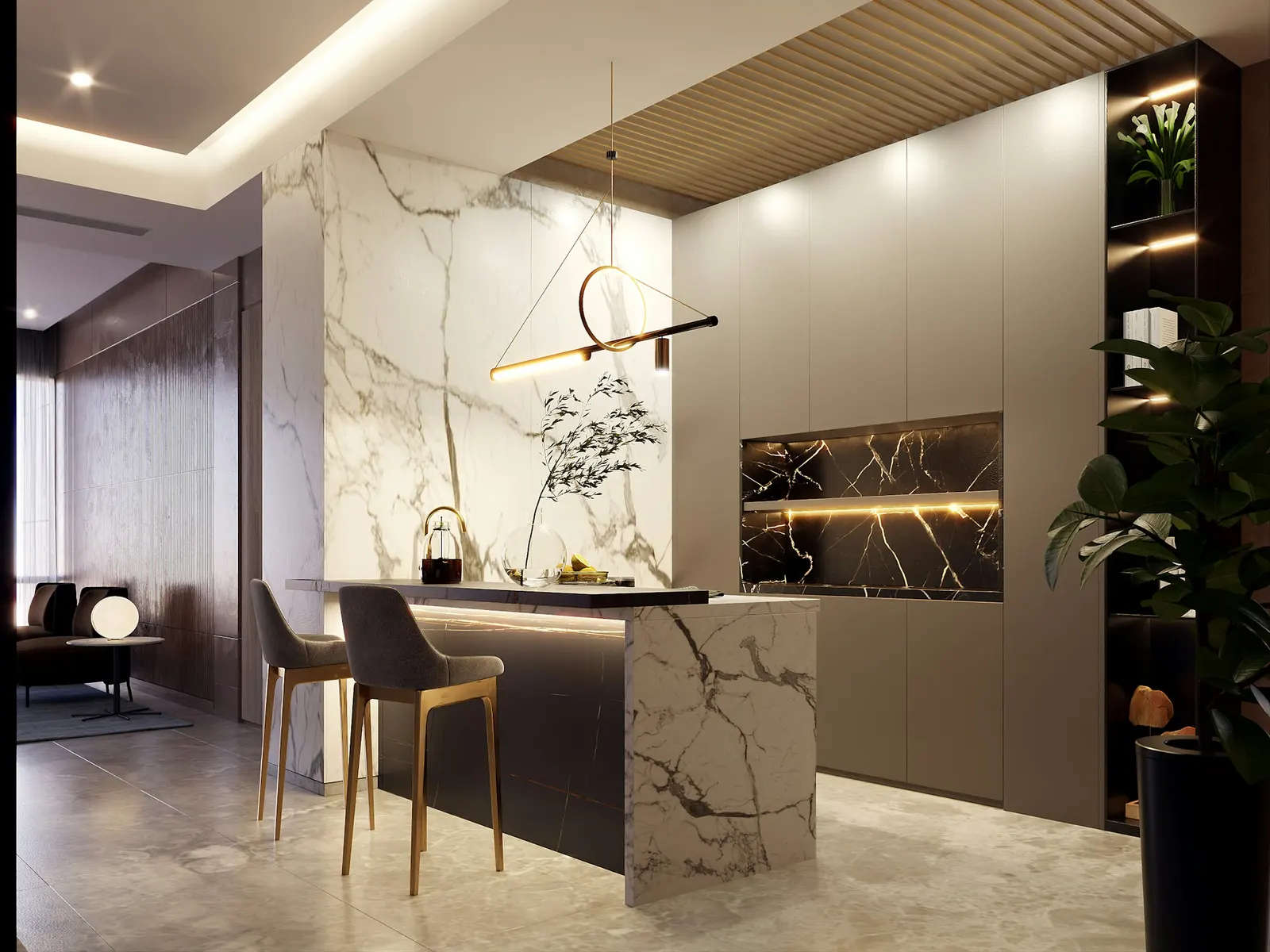 Rendering: a marble waterfall island in front of floor-to-ceiling cabinetry with a backlit stone niche.