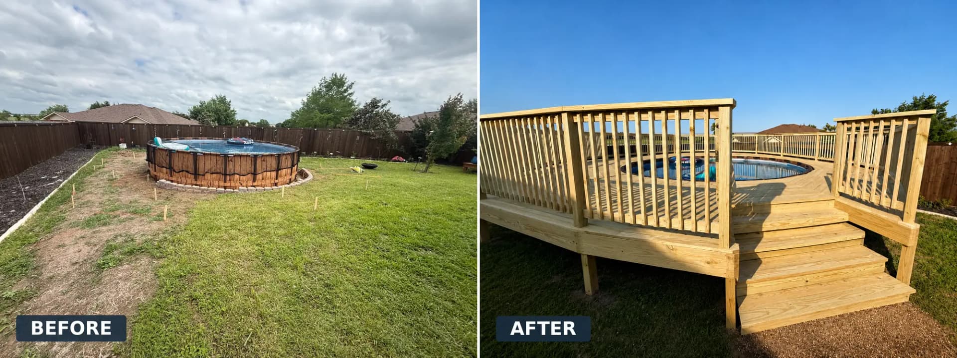 Before and after: a pool deck with railings and stairs built around an above-ground pool, Terrell.