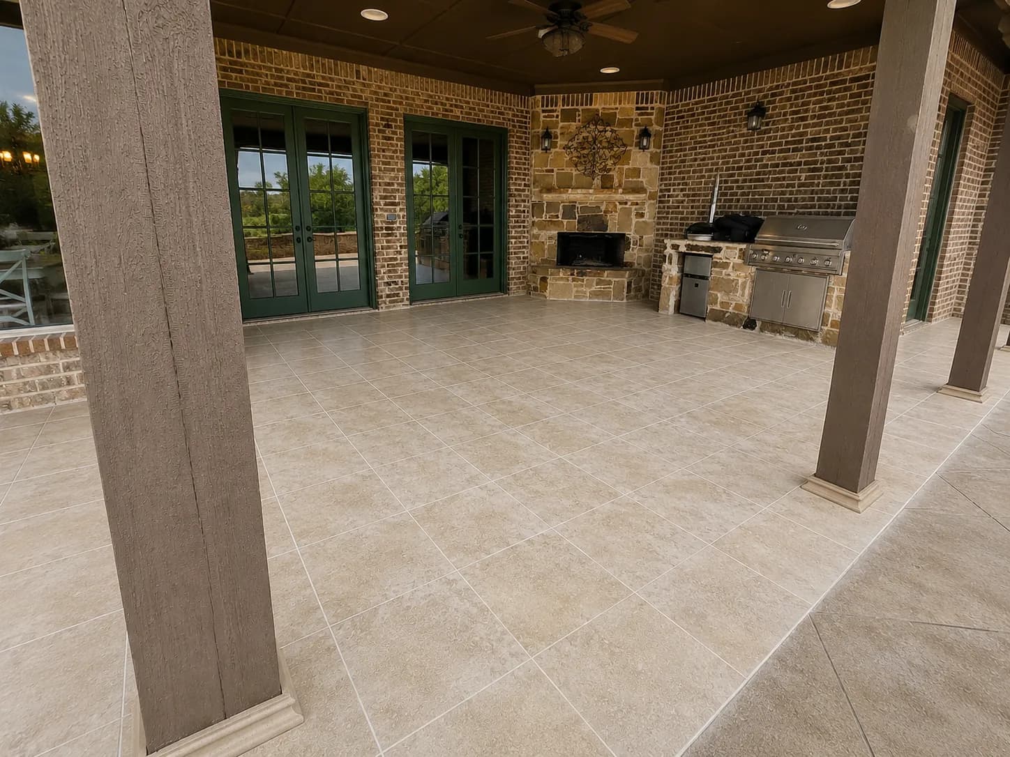 Covered patio floored in ivory stone tile, with a stone fireplace, a built-in grill and French doors into the house.